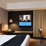 **Prompt 1: Personalized High-Tech Guest Experience**
    "A sophisticated, modern hotel room in a stylish Scandinavian city, perhaps Stockholm, featuring integrated smart technology. A well-dressed business traveler is comfortably settled, observing a personalized welcome message on a sleek digital screen. The message displays the hotel manager's photo and offers tailored recommendations for local cultural sites or a specific restaurant, reflecting advanced AI/IoT integration. The room's lighting and climate are subtly controlled, creating a seamless, personalized ambiance. The scene emphasizes luxury, efficiency, and unique guest attention."