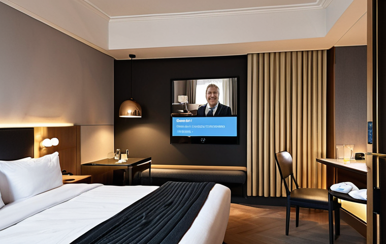 **Prompt 1: Personalized High-Tech Guest Experience**
    "A sophisticated, modern hotel room in a stylish Scandinavian city, perhaps Stockholm, featuring integrated smart technology. A well-dressed business traveler is comfortably settled, observing a personalized welcome message on a sleek digital screen. The message displays the hotel manager's photo and offers tailored recommendations for local cultural sites or a specific restaurant, reflecting advanced AI/IoT integration. The room's lighting and climate are subtly controlled, creating a seamless, personalized ambiance. The scene emphasizes luxury, efficiency, and unique guest attention."