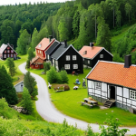 **Sustainable Tourism in Sweden:** A picturesque Swedish village nestled amidst lush greenery, showcasing eco-friendly accommodations and locals engaging in traditional crafts. Soft, natural lighting to emphasize the harmony between nature and culture.