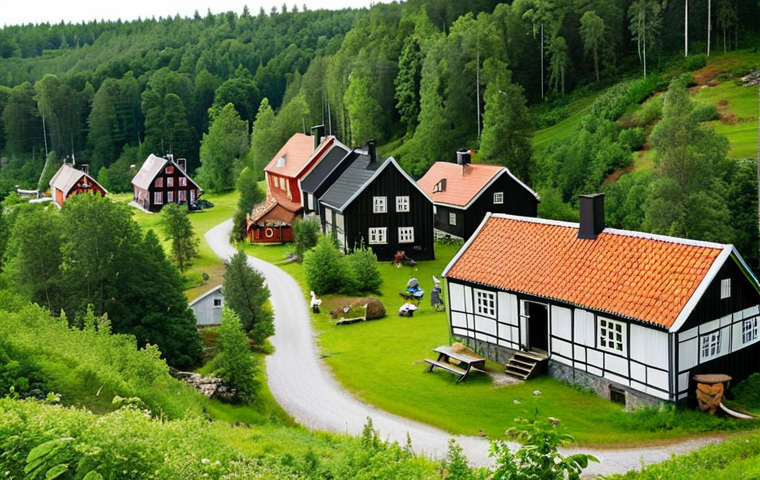 **Sustainable Tourism in Sweden:** A picturesque Swedish village nestled amidst lush greenery, showcasing eco-friendly accommodations and locals engaging in traditional crafts. Soft, natural lighting to emphasize the harmony between nature and culture.