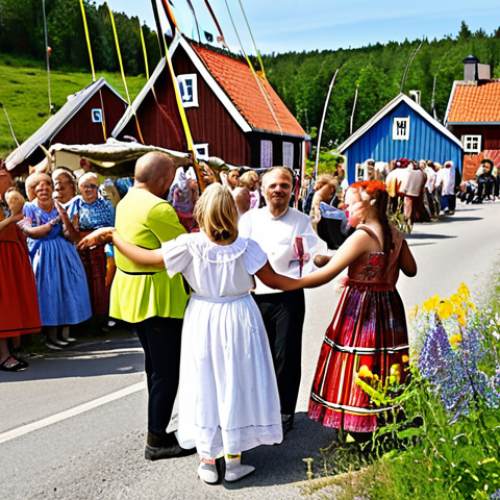 Home 18 **
Prompt: A vibrant Swedish midsummer festival in a small Bohuslän fishing village. Tourists and locals are dancing together around a maypole decorated with wildflowers. The scene captures the joy of cultural exchange and community engagement, highlighting the welcoming atmosphere of the village. Focus on the traditional costumes, the picturesque houses, and the festive mood.
**