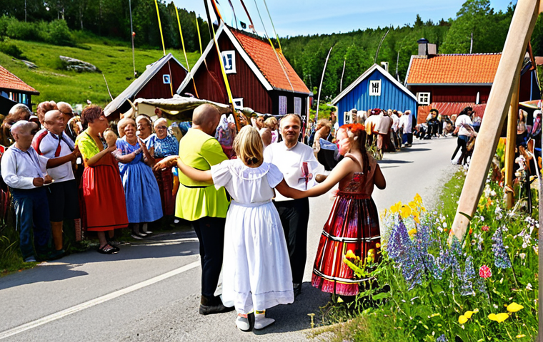 **

Prompt: A vibrant Swedish midsummer festival in a small Bohuslän fishing village. Tourists and locals are dancing together around a maypole decorated with wildflowers. The scene captures the joy of cultural exchange and community engagement, highlighting the welcoming atmosphere of the village. Focus on the traditional costumes, the picturesque houses, and the festive mood.

**
